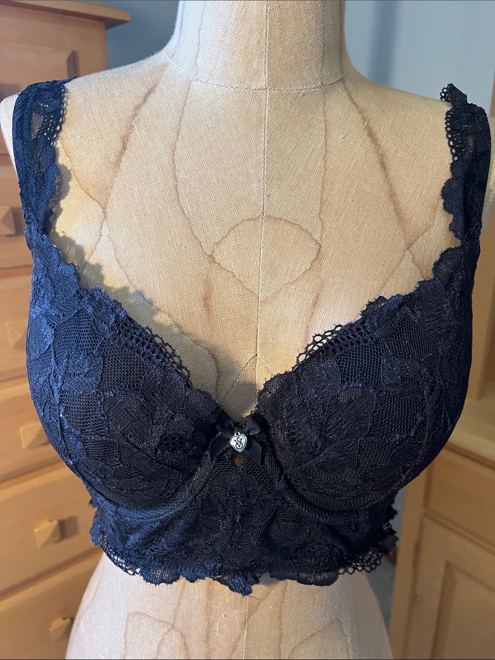 Victoria's Secret Black Lace Longline Bra with Charm